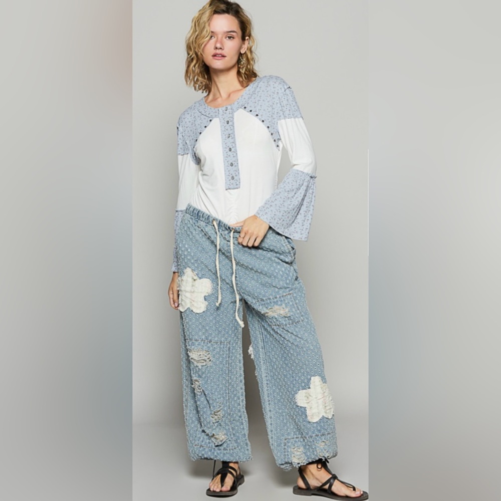 POL White and Light Blue Long Sleeve Henley Top